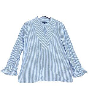 J.Crew Top Women Small Blue White Striped Ruffle Sleeve Split Neck Blouse Preppy